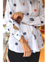 Minimal Nakışlı Beyaz Gömlek - Desenli Salaş Baharlık Kadın Gömleği