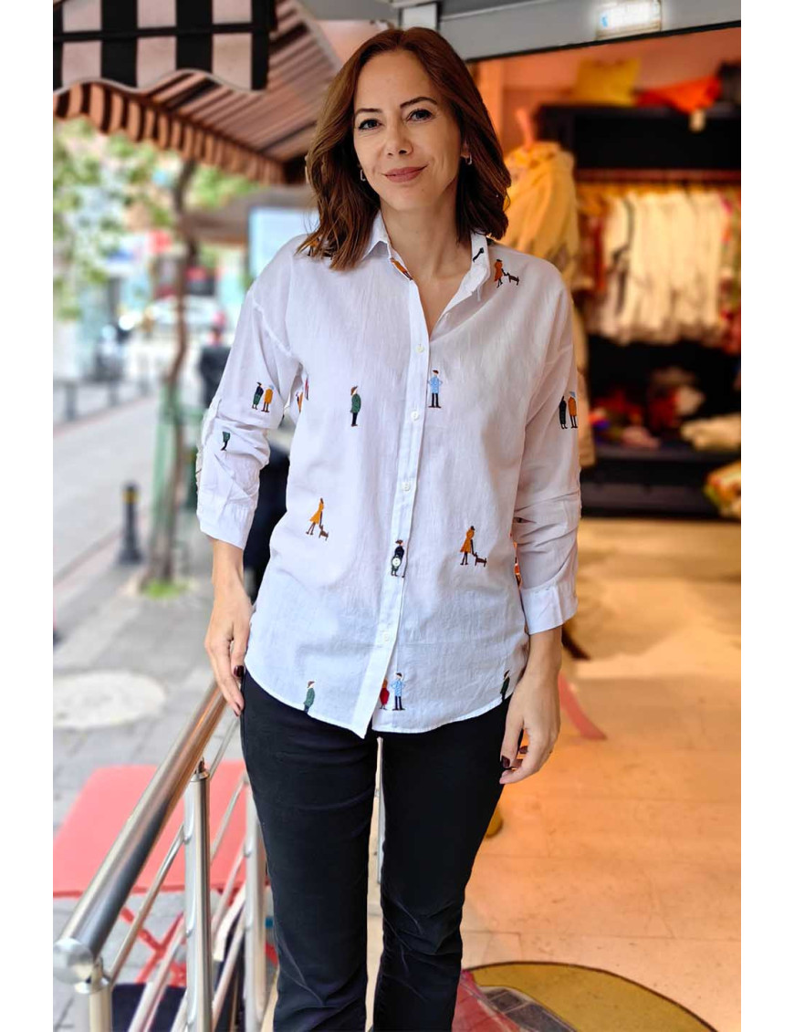 İnsan Figür Nakışlı Kadın Gömlek | Rahat Kesim Pamuk Gömlek Modelleri