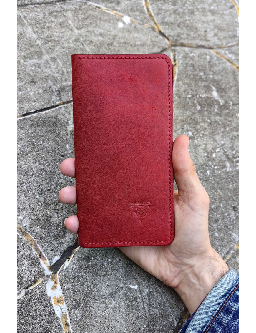 El Yapımı Kırmızı Deri Kartlık Cüzdan | Minimalist Bifold Cüzdan