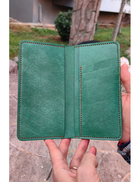 El Yapımı Su Yeşili Deri Kartlık Cüzdan | Minimalist Bifold Cüzdan