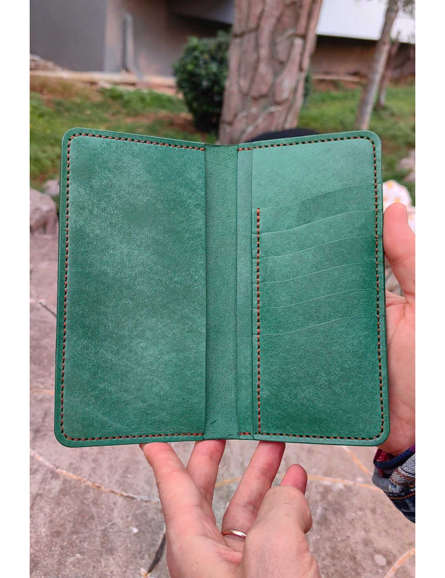 El Yapımı Su Yeşili Deri Kartlık Cüzdan | Minimalist Bifold Cüzdan
