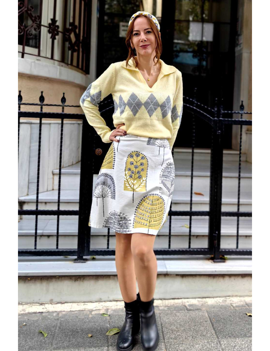 Sarı Gri Desenli Mini Etek | El Yapımı Yüksek Bel A Kesim Etek