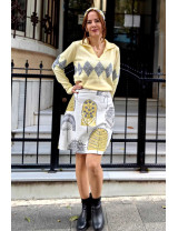 Sarı Gri Desenli Mini Etek | El Yapımı Yüksek Bel A Kesim Etek