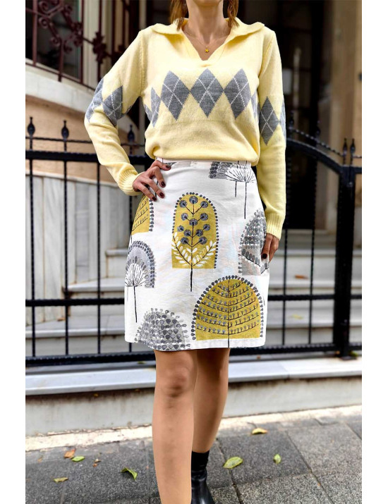 Sarı Gri Desenli Mini Etek | El Yapımı Yüksek Bel A Kesim Etek