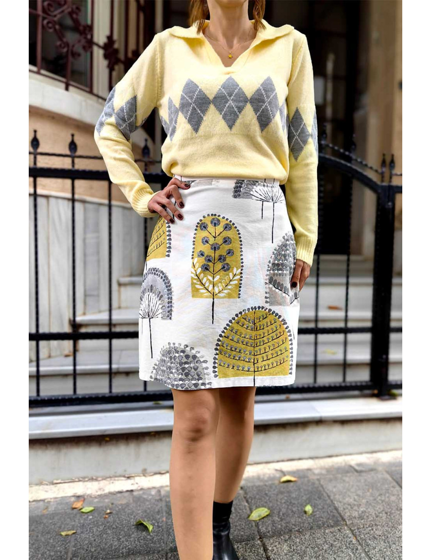 Sarı Gri Desenli Mini Etek | El Yapımı Yüksek Bel A Kesim Etek