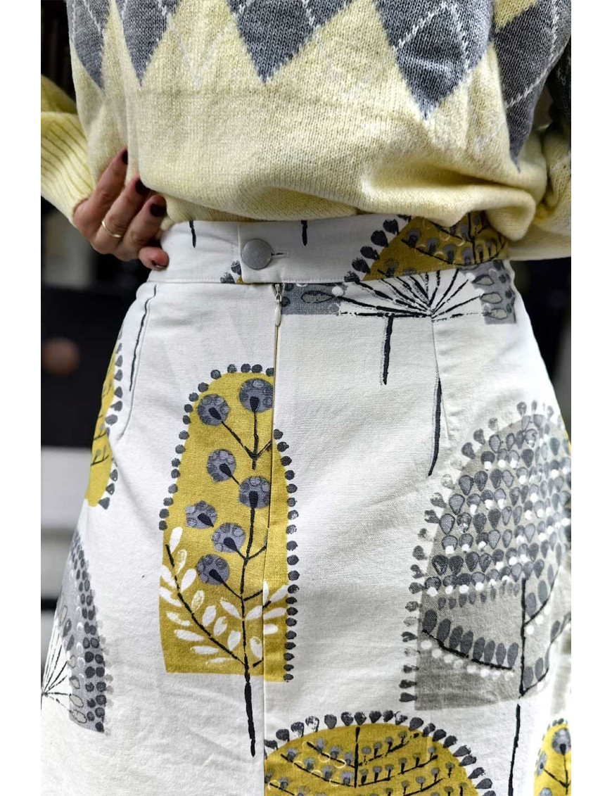 Sarı Gri Desenli Mini Etek | El Yapımı Yüksek Bel A Kesim Etek