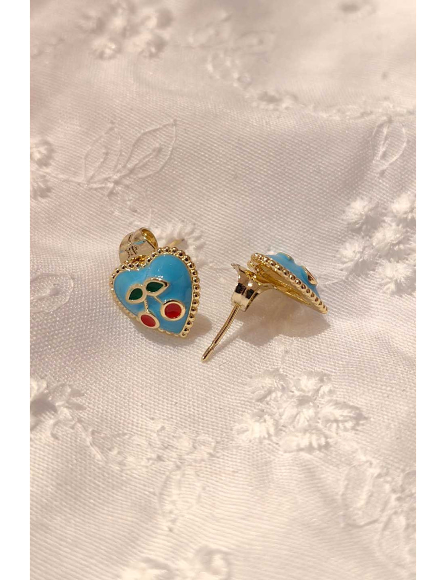 Mineli Kalp Küpe | Kiraz Detaylı Turkuaz Gold Küpe | Sevgiliye Hediye