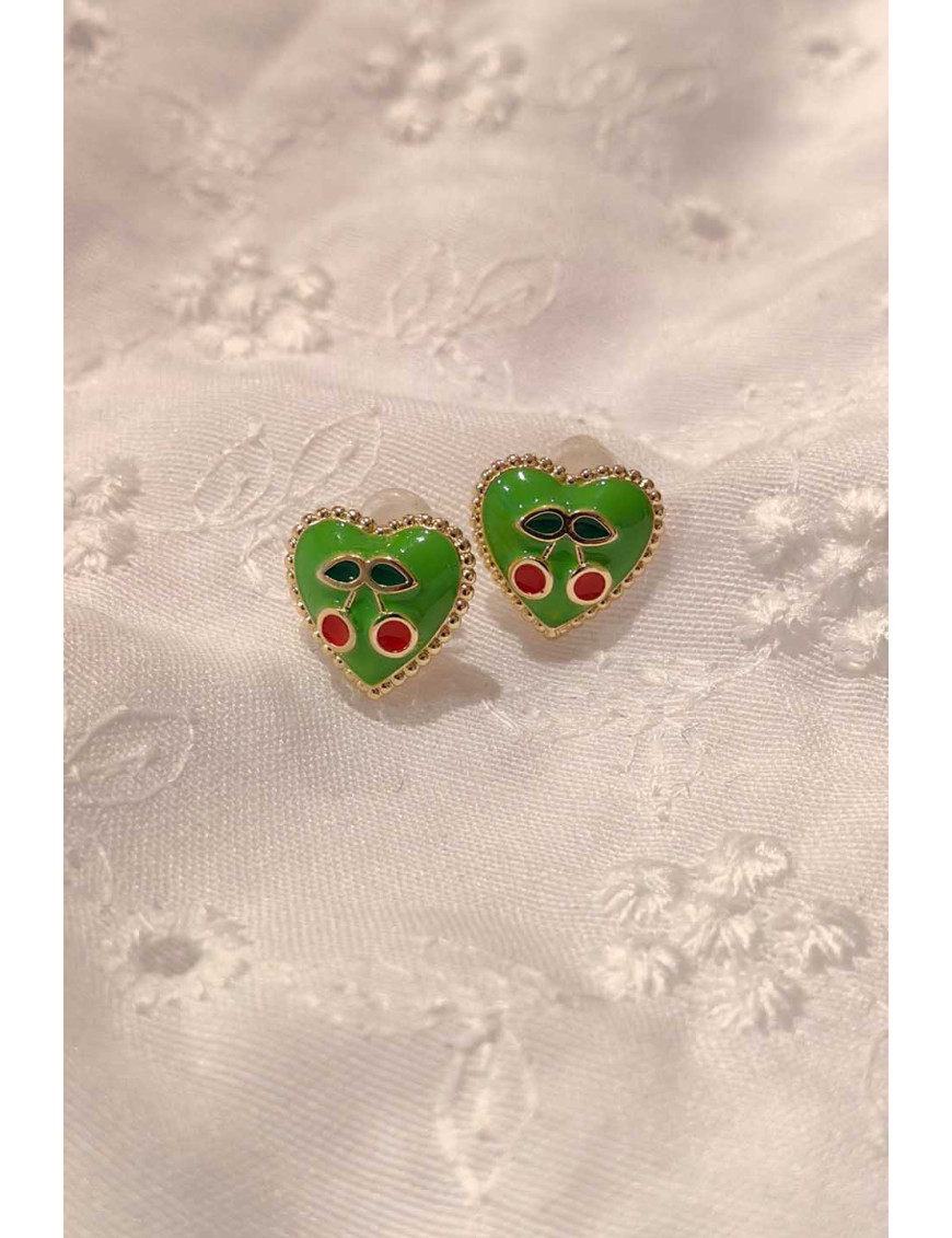 Yeşil Mineli Kalp Küpe | Kiraz Detaylı Gold Küpe | Trend Takılar