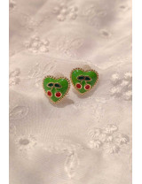 Yeşil Mineli Kalp Küpe | Kiraz Detaylı Gold Küpe | Trend Takılar