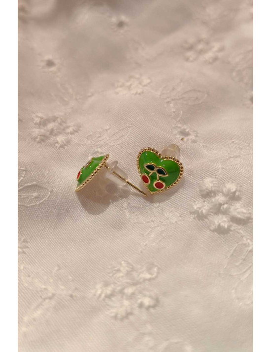 Yeşil Mineli Kalp Küpe | Kiraz Detaylı Gold Küpe | Trend Takılar