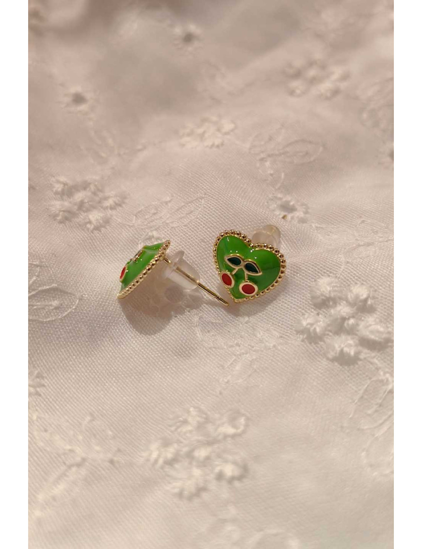 Yeşil Mineli Kalp Küpe | Kiraz Detaylı Gold Küpe | Trend Takılar