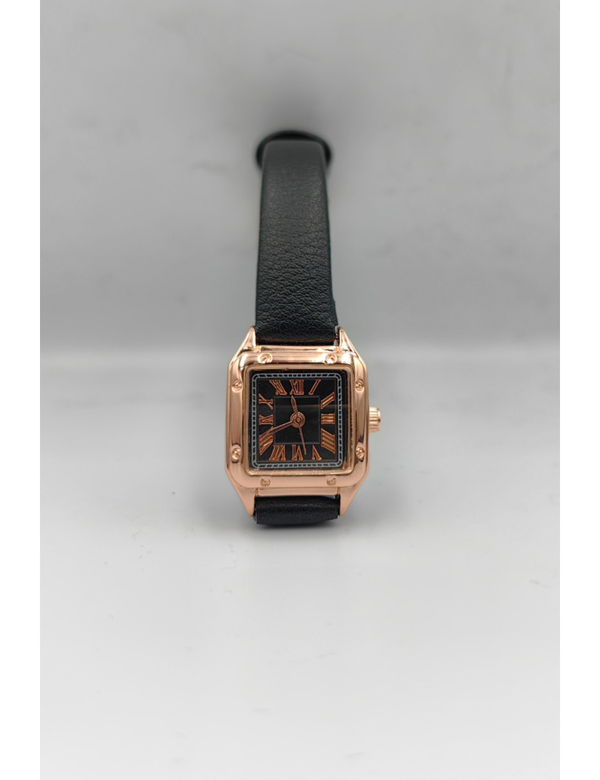 Kare Kasa Rose Gold Kadın Kol Saati | Siyah Deri Askılı Klasik Şıklık