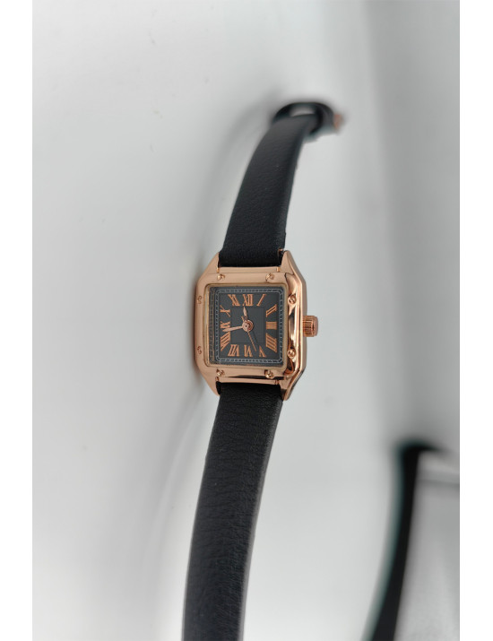 Kare Kasa Rose Gold Kadın Kol Saati | Siyah Deri Askılı Klasik Şıklık