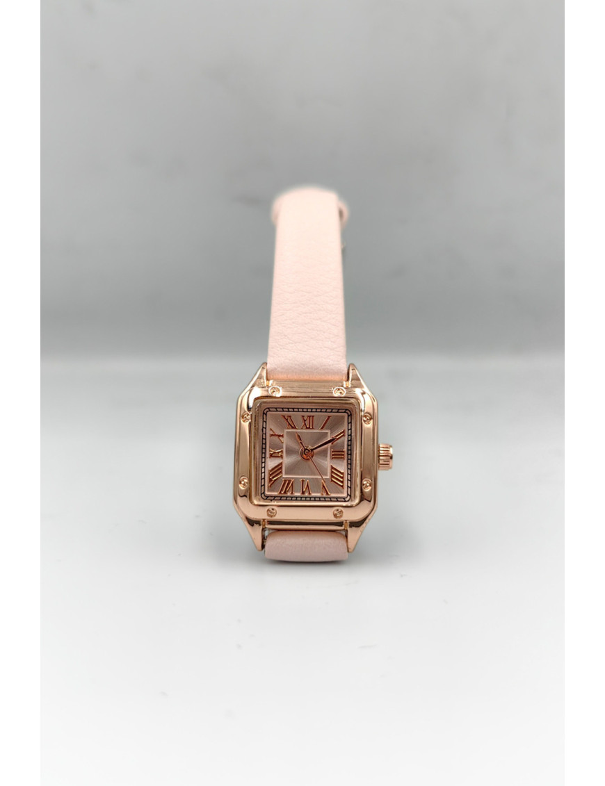 Pudra Pembe Deri Rose Gold Kare Kadın Saat | Romantik ve Şık Tasarım