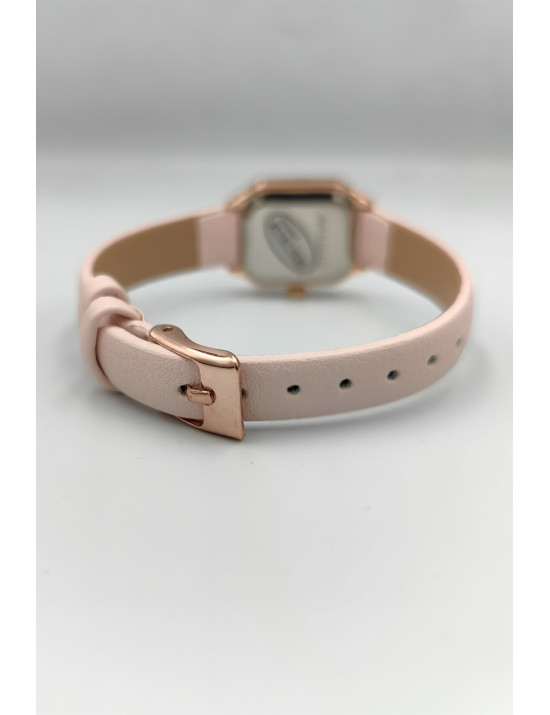 Pudra Pembe Deri Rose Gold Kare Kadın Saat | Romantik ve Şık Tasarım
