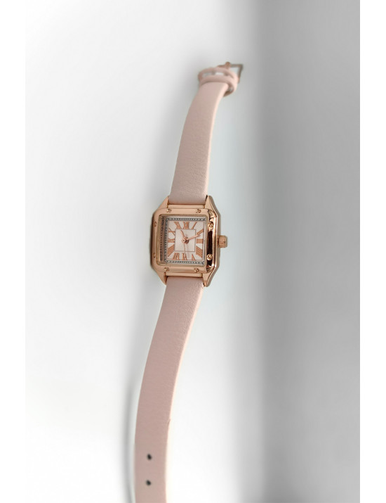 Pudra Pembe Deri Rose Gold Kare Kadın Saat | Romantik ve Şık Tasarım