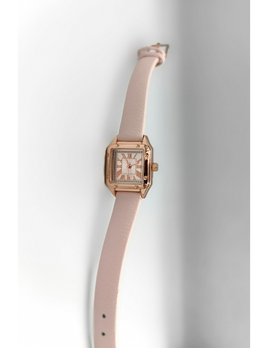 Pudra Pembe Deri Rose Gold Kare Kadın Saat | Romantik ve Şık Tasarım