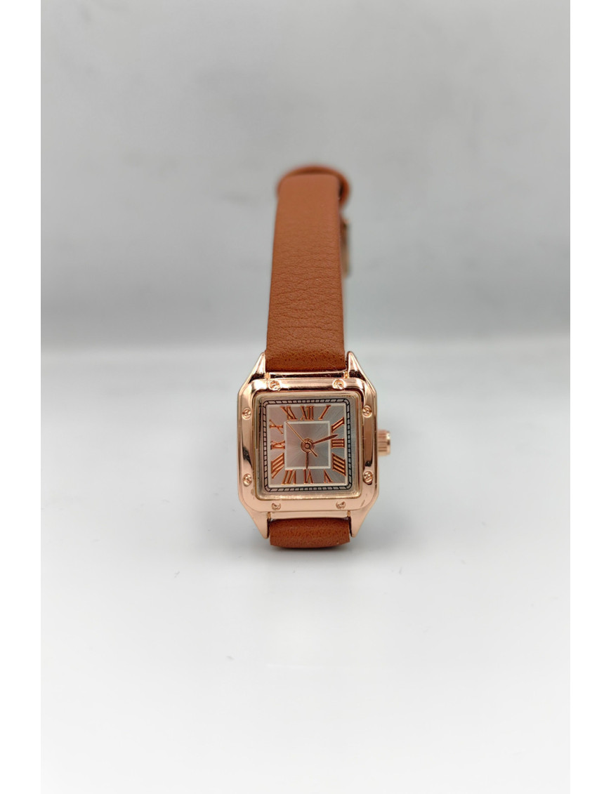 Karamel Deri Rose Gold Kare Kadın Kol Saati | Klasik ve Sıcak Tasarım