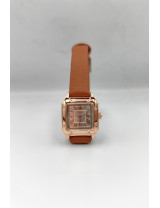 Karamel Deri Rose Gold Kare Kadın Kol Saati | Klasik ve Sıcak Tasarım