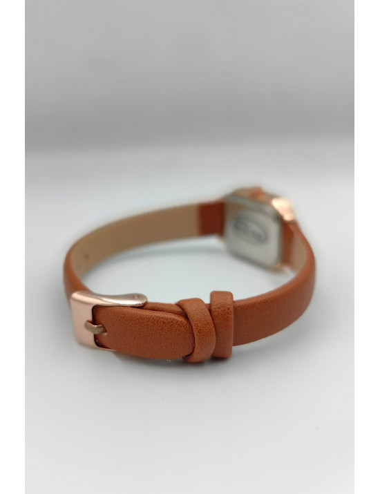 Karamel Deri Rose Gold Kare Kadın Kol Saati | Klasik ve Sıcak Tasarım