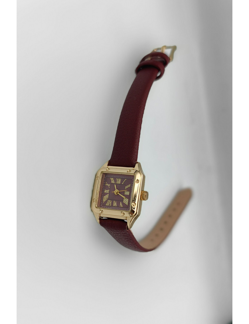Bordo Deri Altın Kare Kadın Kol Saati | Lüks ve Sofistike Tasarım