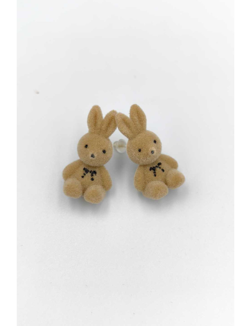 Bej Peluş Tavşan Küpe | Kadife Hayvan Figürlü Küpe | Teddy Görünümlü Küpe | Doğal Tonlar