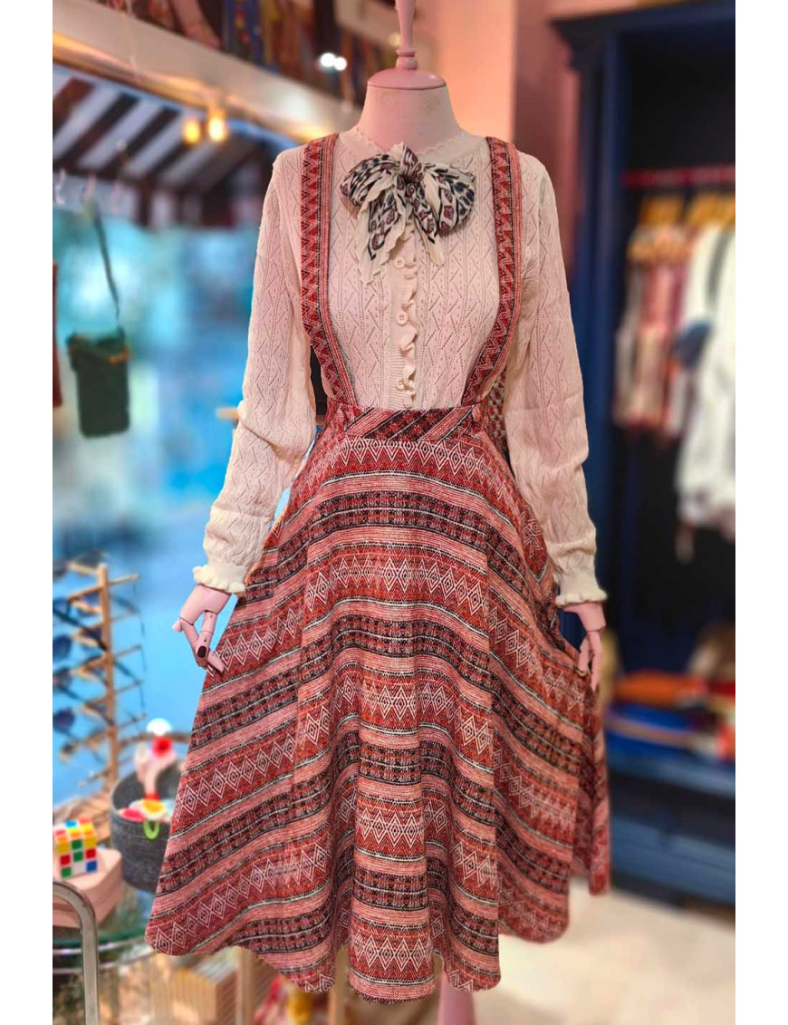 Etnik Desenli Askılı Uzun Etek