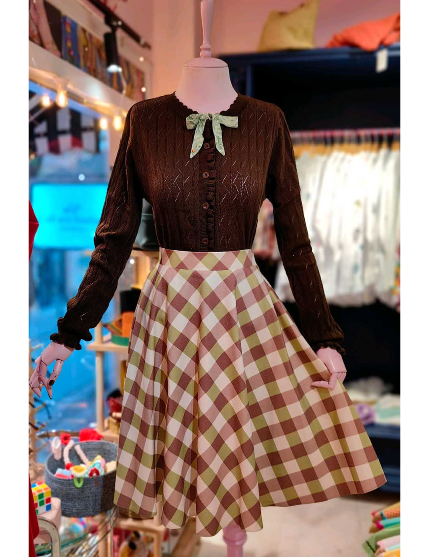 Büyük Ekose Kloş Etek | Yüksek Bel Retro  Etek Kahve/Yeşil/Bej