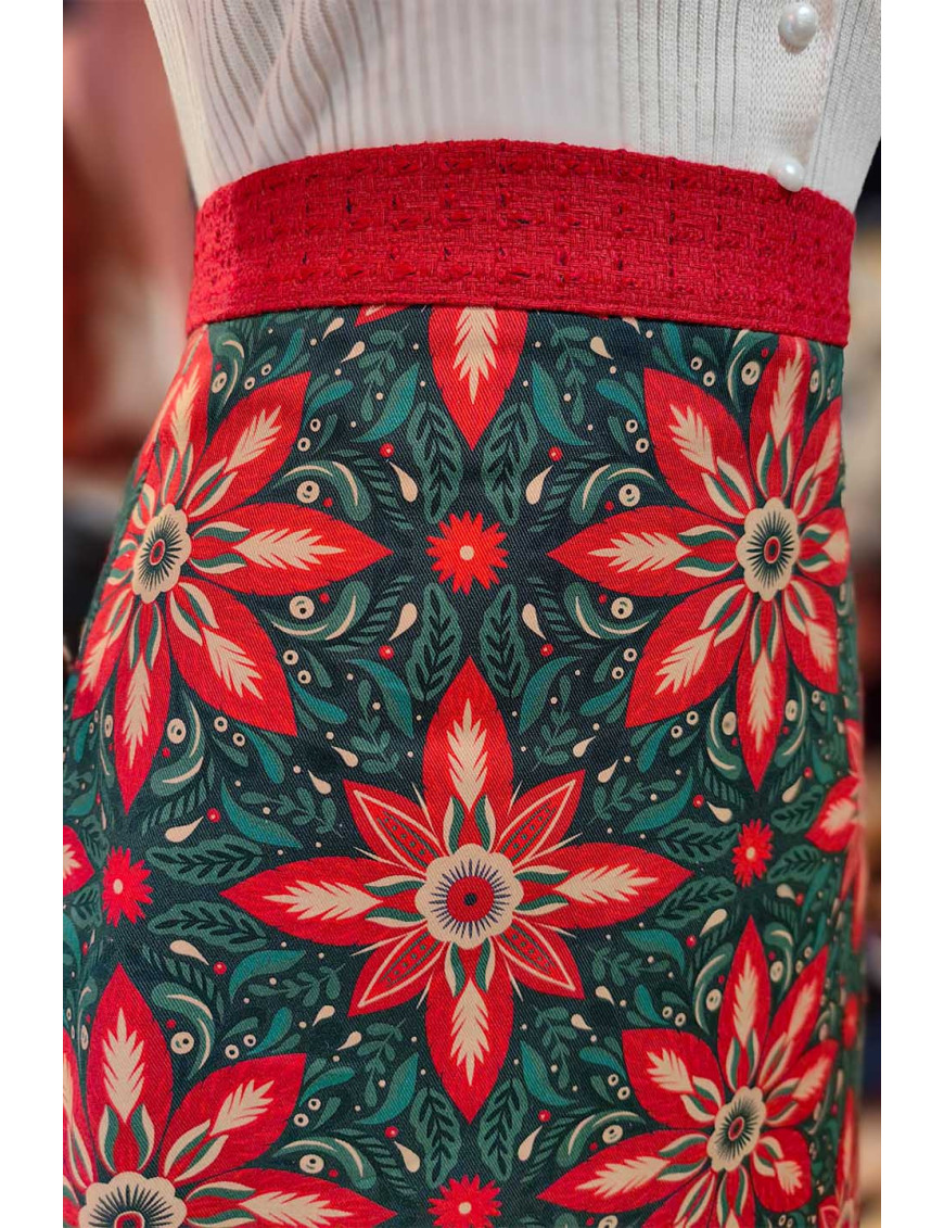 Kırmızı Kış Çiçeği Desenli Özel Dikim Mini Etek | Noel Şıklığı