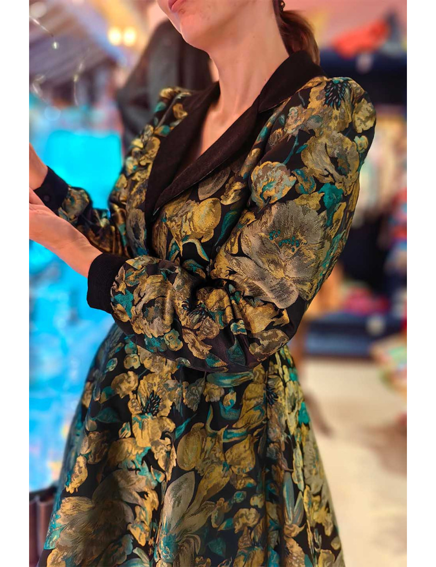 Vintage Jakar Midi Elbise - Siyah Altın Çiçekli Özel Dikim Elbise