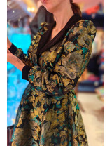 Vintage Jakar Midi Elbise - Siyah Altın Çiçekli Özel Dikim Elbise