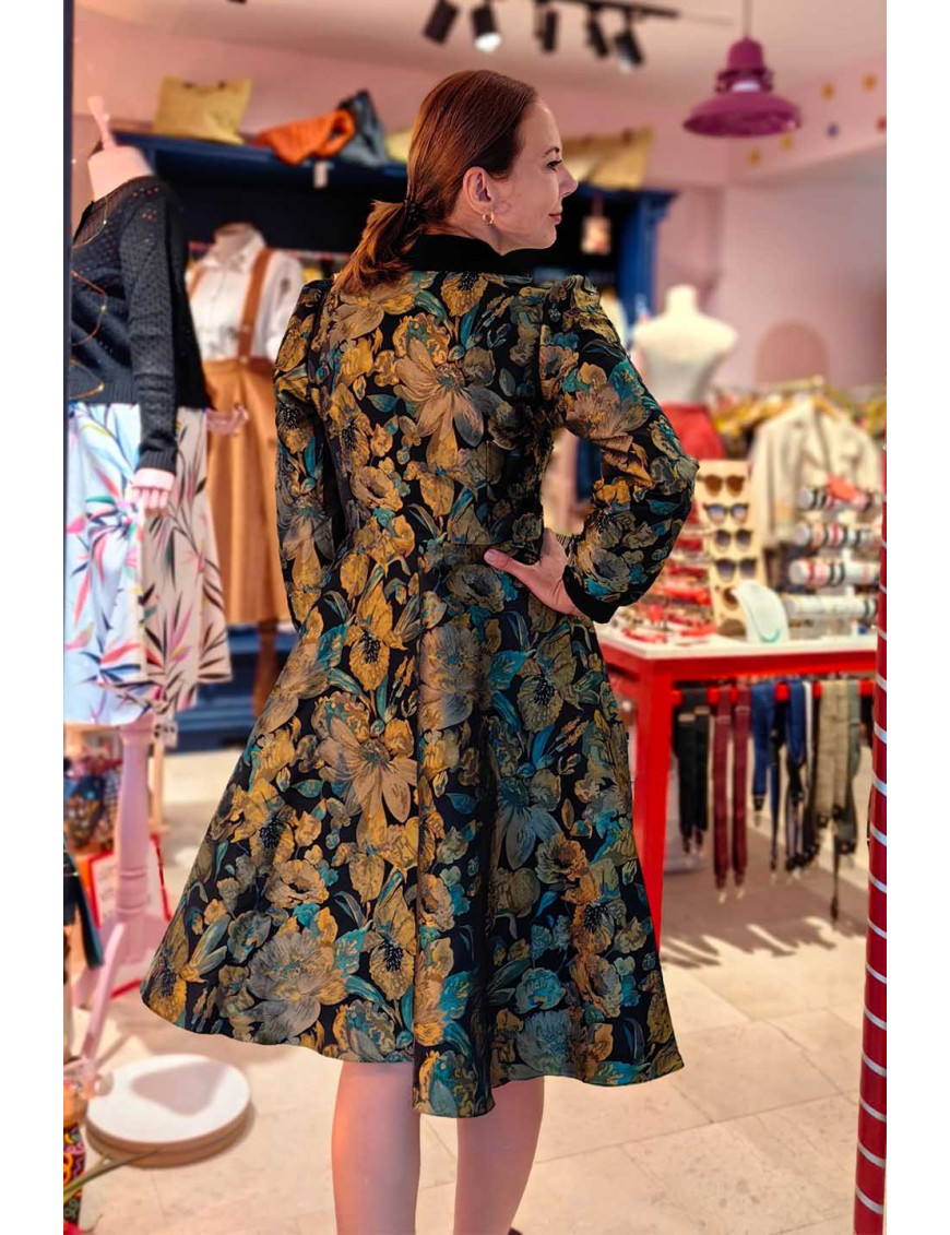 Vintage Jakar Midi Elbise - Siyah Altın Çiçekli Özel Dikim Elbise