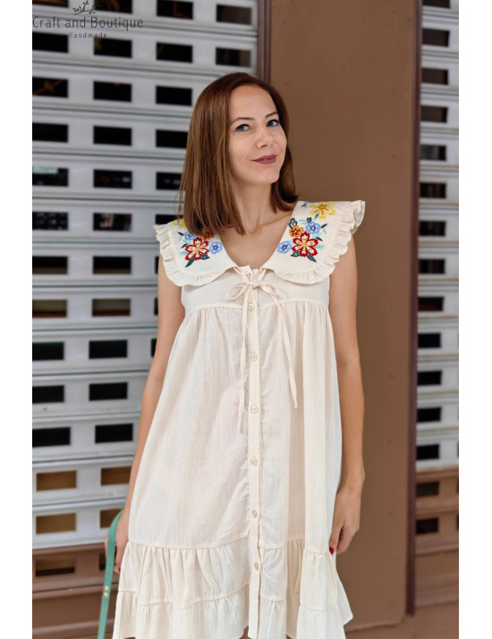 Çiçek Nakışlı Kısa Yazlık Elbise - Krem | Yazın En Şık Elbisesi