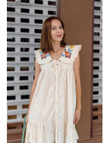 Çiçek Nakışlı Kısa Yazlık Elbise - Krem | Yazın En Şık Elbisesi