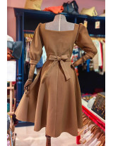 Etnik Desenli Kalp Yaka Camel Elbise | Özel Tasarım Butik