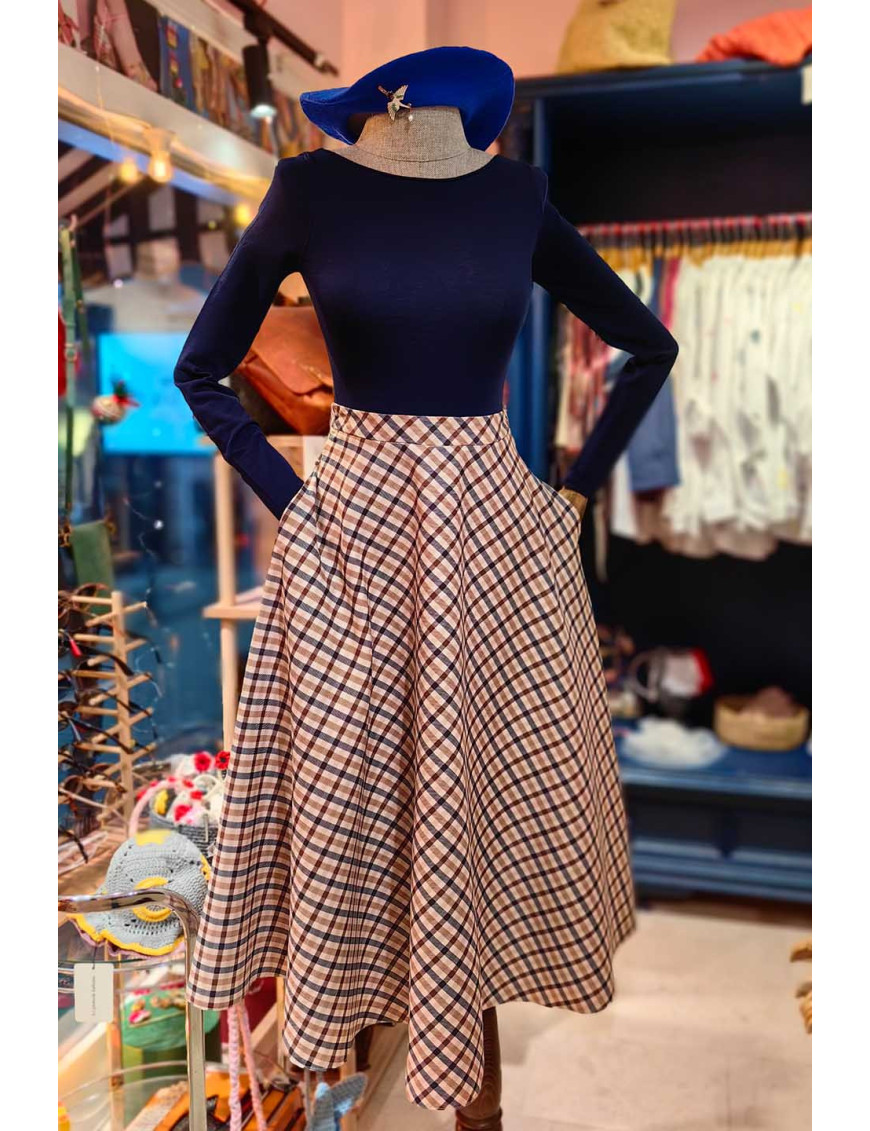 Kareli Kloş Midi Etek | Yüksek Bel Ekose Tasarım | [Craft and Boutique Handmade]