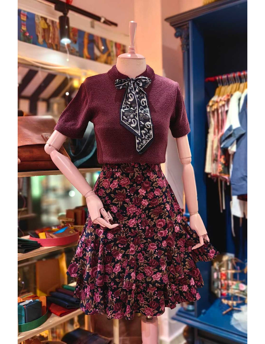 Bordo Kısa Kollu Triko Üst | Fular Detaylı Retro Bluz