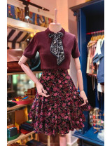 Bordo Kısa Kollu Triko Üst | Fular Detaylı Retro Bluz