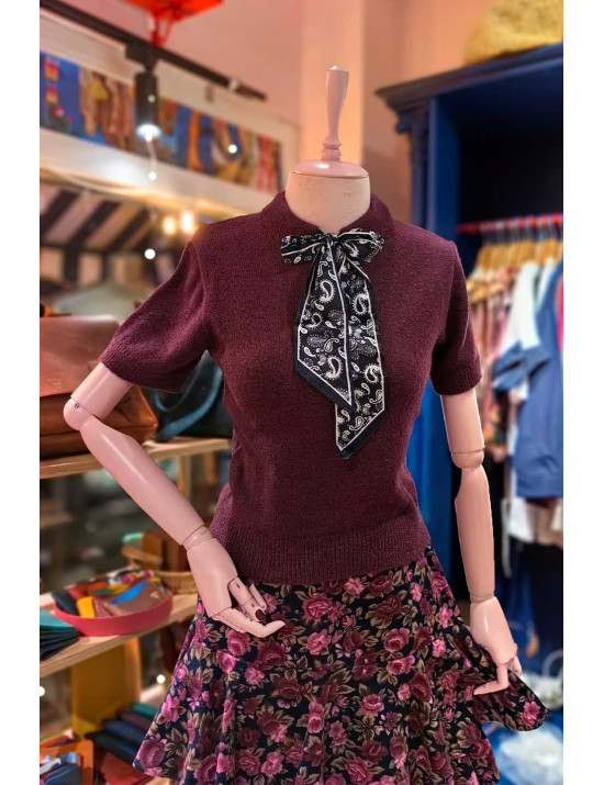 Bordo Kısa Kollu Triko Üst | Fular Detaylı Retro Bluz
