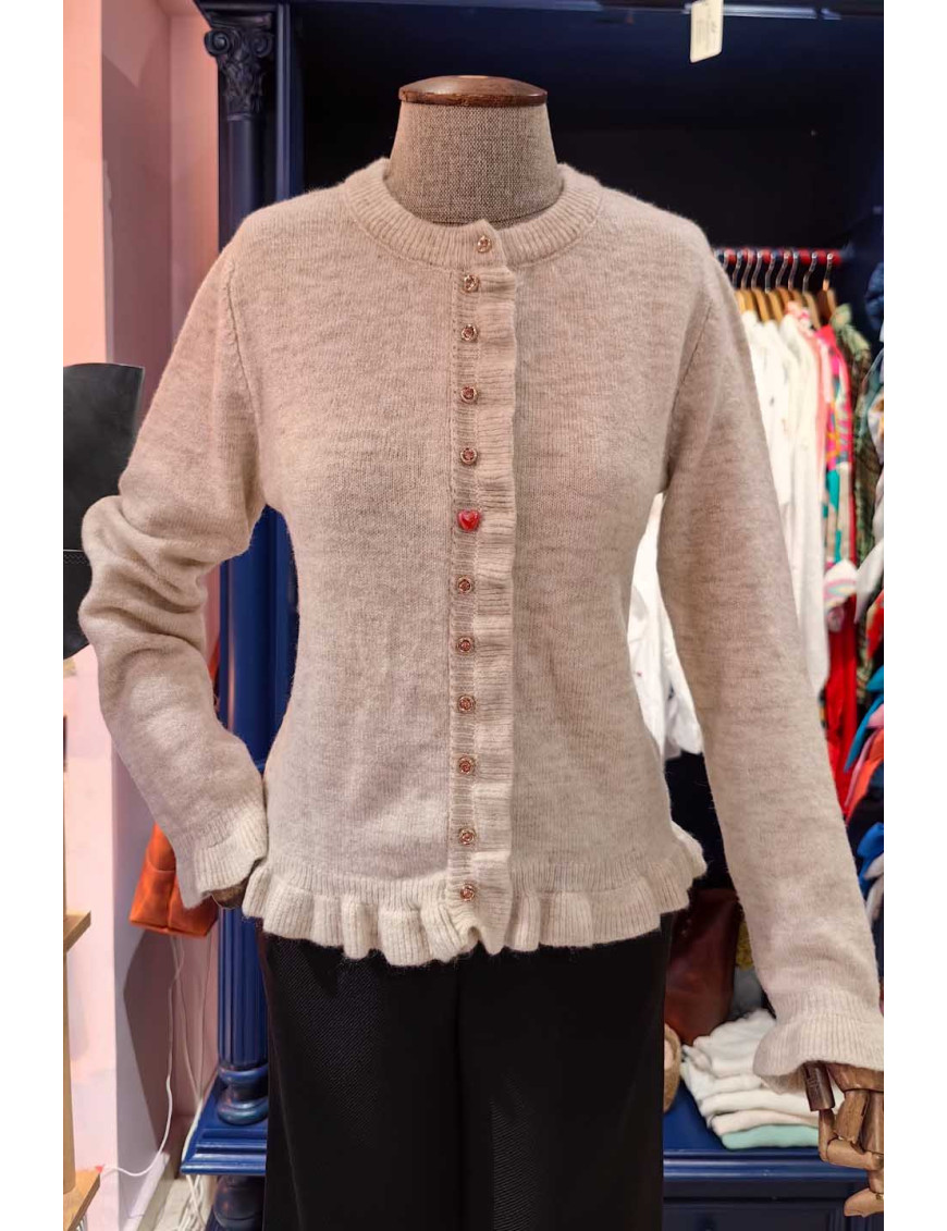 Fırfırlı Ekru Triko Hırka | Kalp Düğmeli Romantik Tasarım