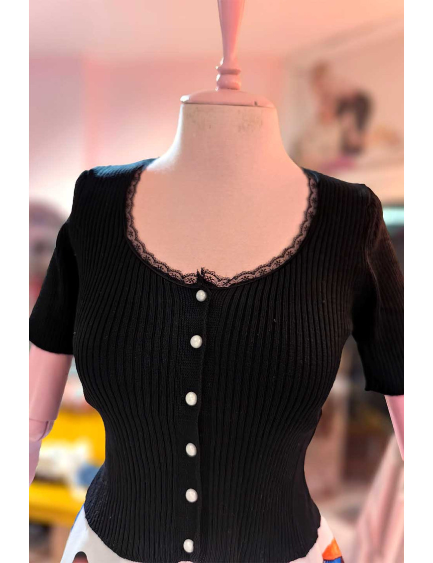 Dantel Yakalı İnci Düğmeli Siyah Triko Bluz | [craft and boutique]