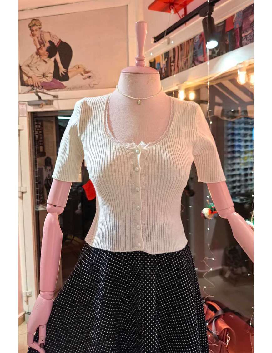 Ekru Dantel Yakalı İnci Düğmeli Triko Bluz | [craft and boutique]