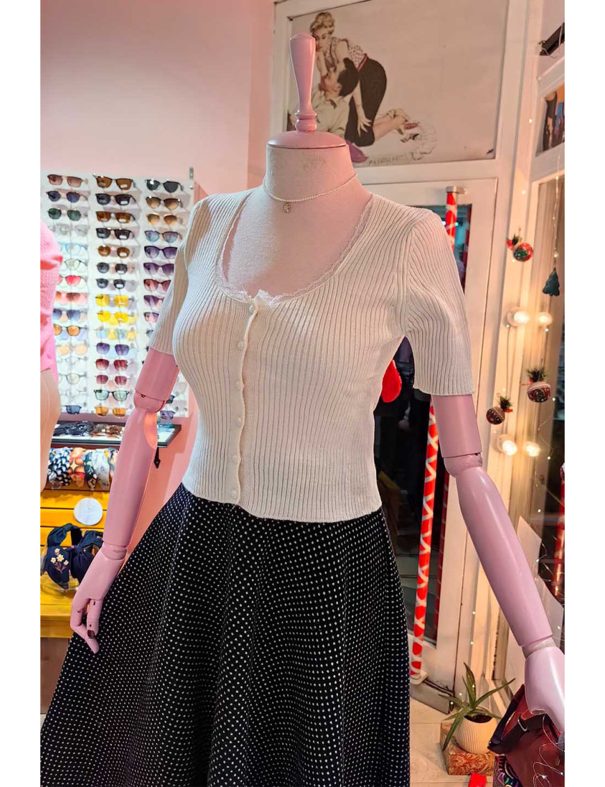 Ekru Dantel Yakalı İnci Düğmeli Triko Bluz | [craft and boutique]