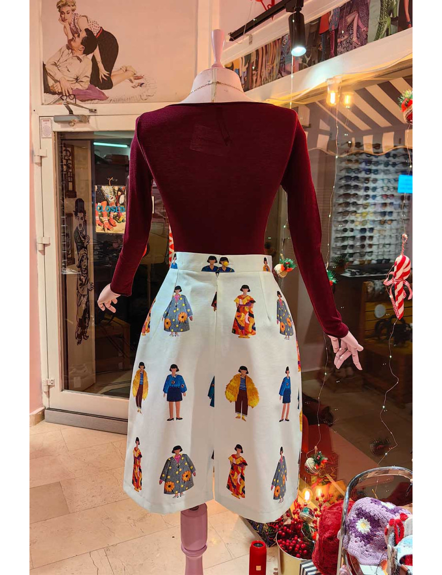 Retro İllüstrasyon Desenli Yüksek Bel Kadın Çan Tasarım Etek