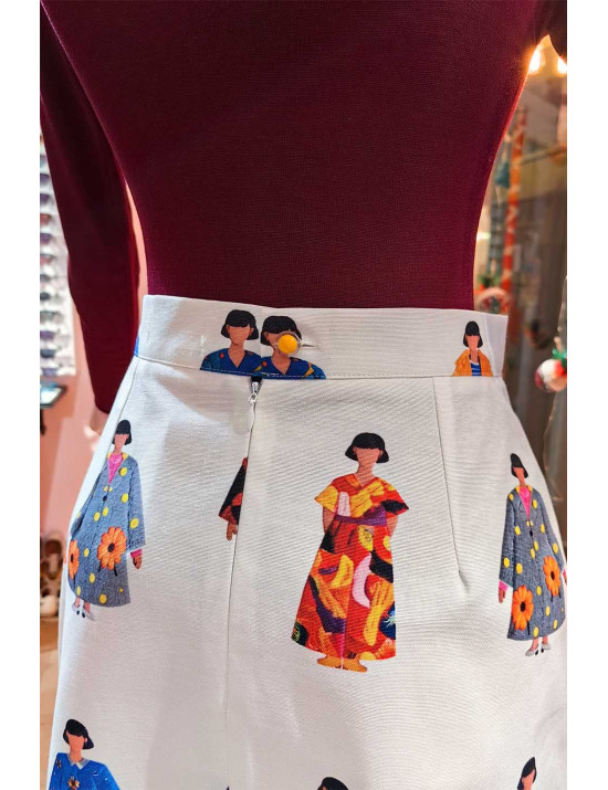 Retro İllüstrasyon Desenli Yüksek Bel Kadın Çan Tasarım Etek