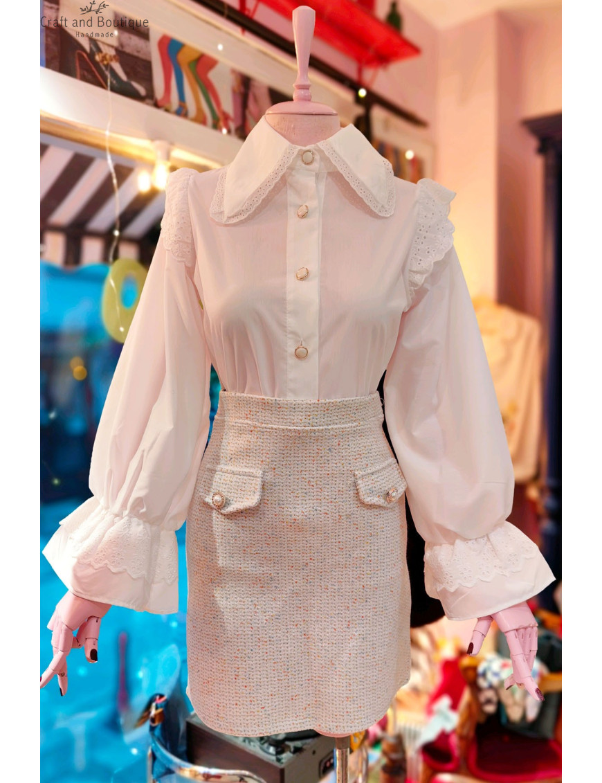 Romantik Dantelli Fırfırlı Yaka Beyaz Bluz - Balon Kollu Şık Kadın Giyim