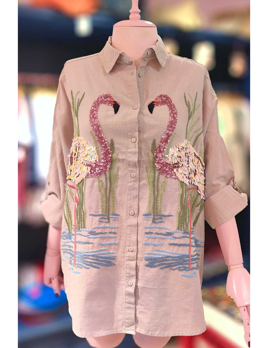 Flamingo Nakışlı Pullu Keten Gömlek | Özel Tasarım Bayan Üst