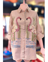 Flamingo Nakışlı Pullu Keten Gömlek | Özel Tasarım Bayan Üst