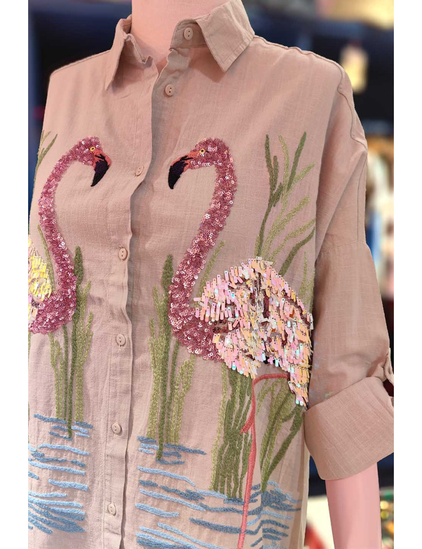 Flamingo Nakışlı Pullu Keten Gömlek | Özel Tasarım Bayan Üst