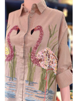 Flamingo Nakışlı Pullu Keten Gömlek | Özel Tasarım Bayan Üst